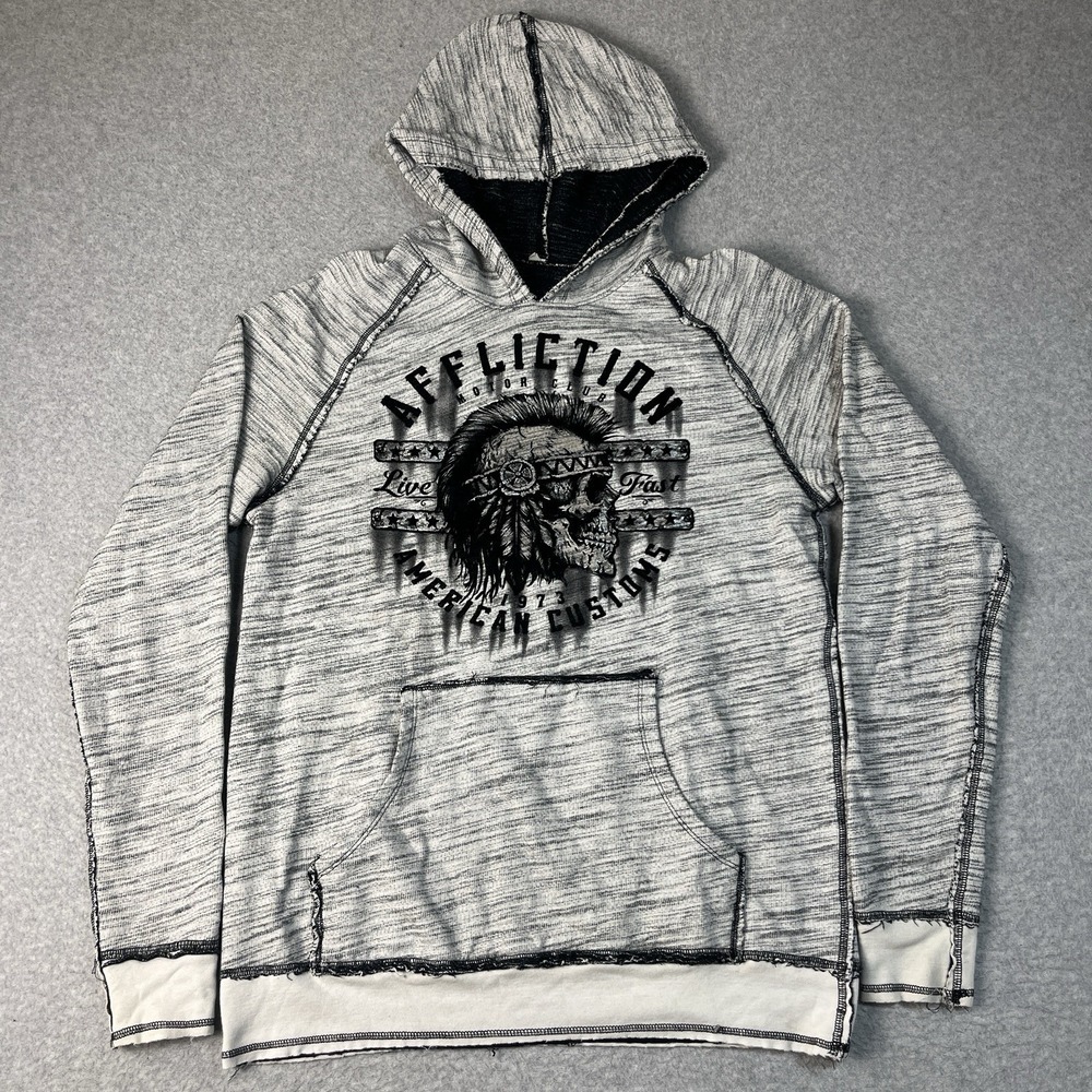 Affliction Hoodie Mens Medium Gray Pullover Reversible Skull Motorcycle Y2K
